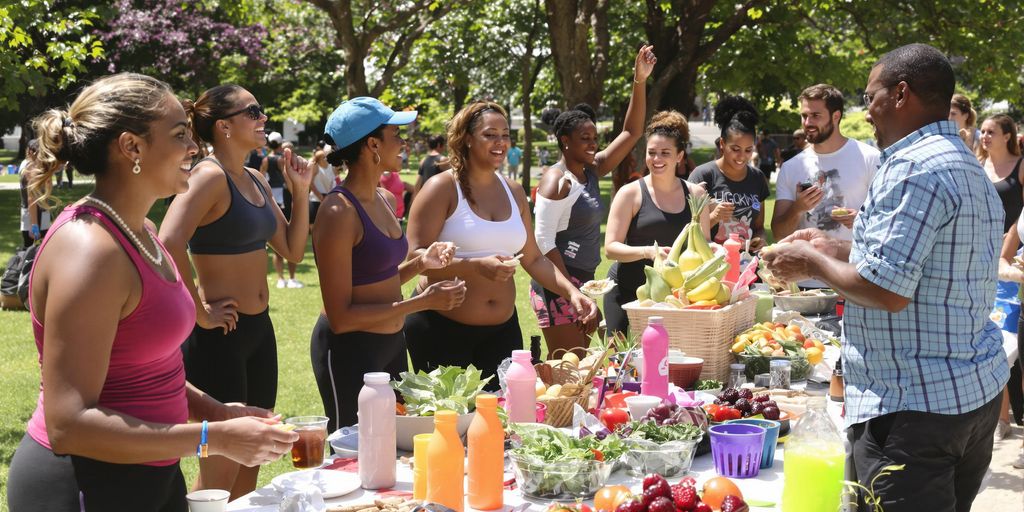 Diverse group participating in outdoor fitness and support activities.