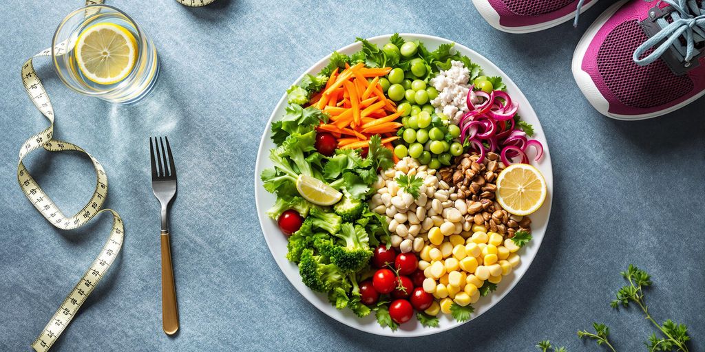 Colorful healthy meal with vegetables and lean proteins.
