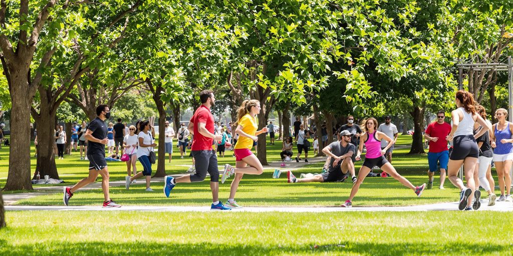 People exercising outdoors in a sunny park.