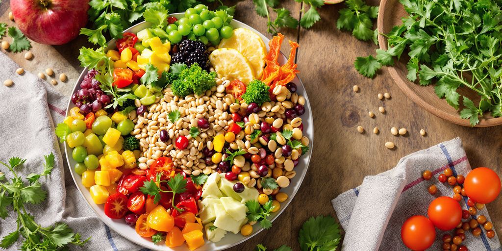 Colorful plate of fruits and vegetables on a wooden table.
