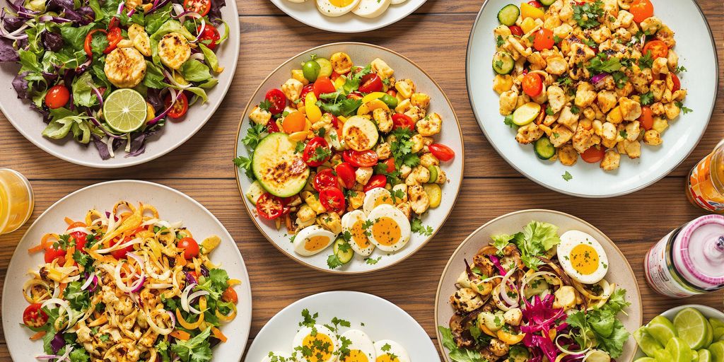 Colorful light dinner dishes with fresh ingredients on table.