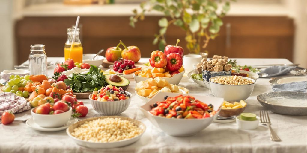 Colorful healthy foods on a serene dining table.