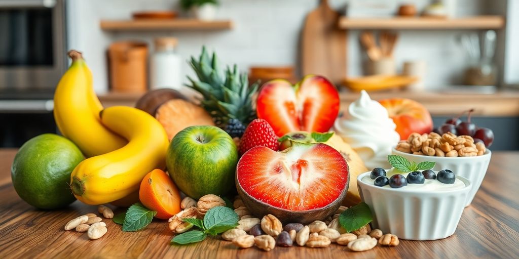 Healthy snacks to curb sweet cravings on a wooden table.