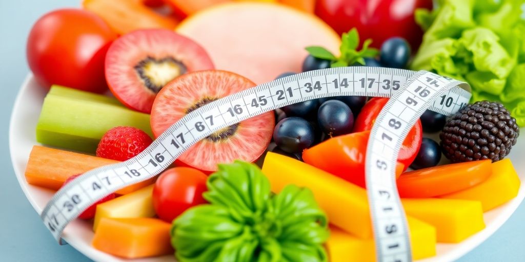 Colorful fruits and veggies with a measuring tape.