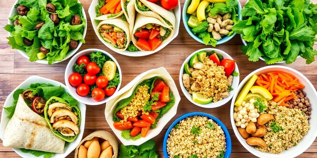 Colorful healthy lunches arranged on a wooden table.
