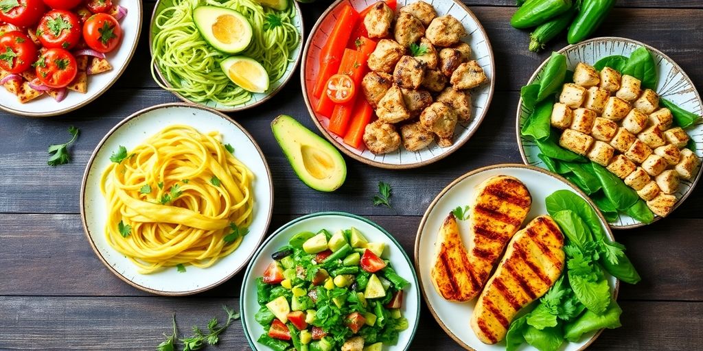 Colorful keto dishes on a rustic table with herbs.