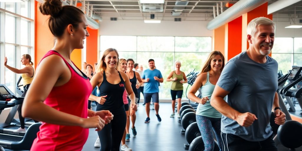 Diverse people exercising in a bright, modern gym.