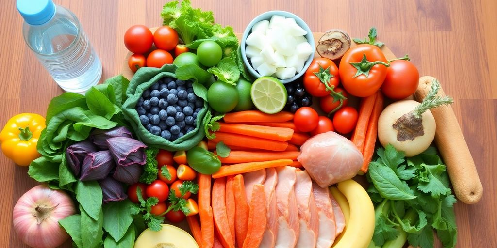 Healthy meal spread with fruits, vegetables, and proteins.