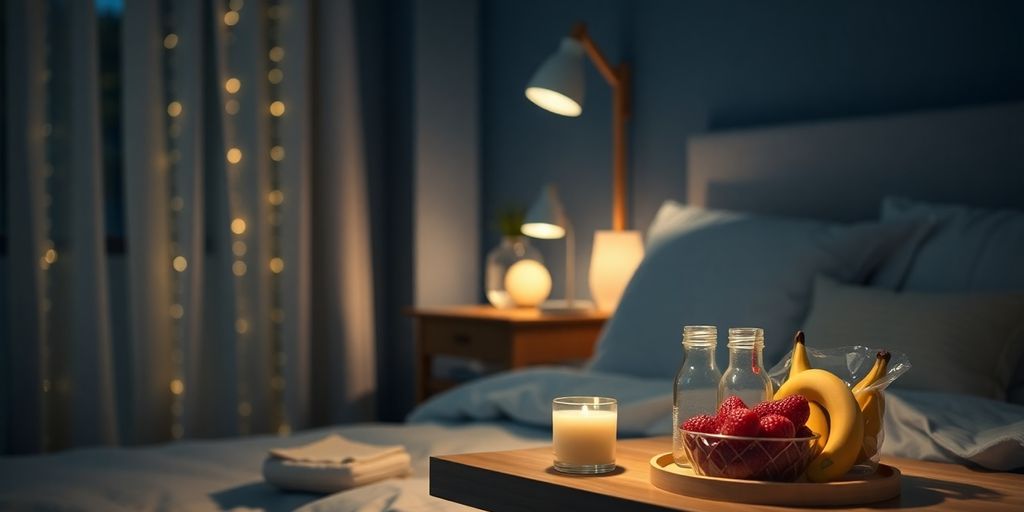 Cozy bedroom with healthy snacks for better sleep.