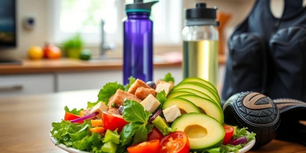 Colorful salad, water bottle, fitness gear on a kitchen counter.