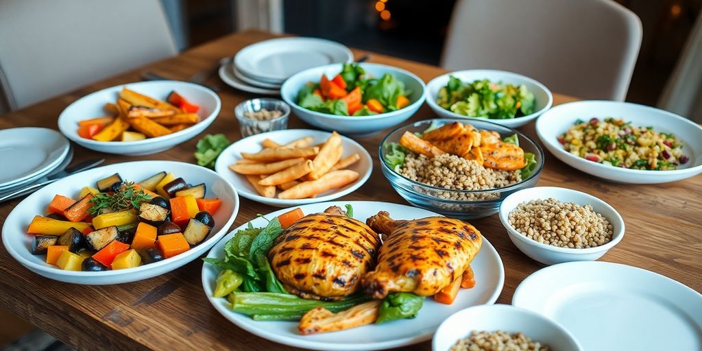 Colorful healthy dishes for a family Sunday dinner.