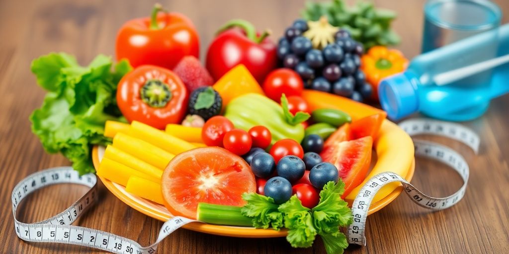 Colorful healthy meal with fruits, vegetables, and water bottle.