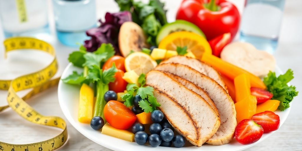 Colorful healthy foods on a plate for weight loss.