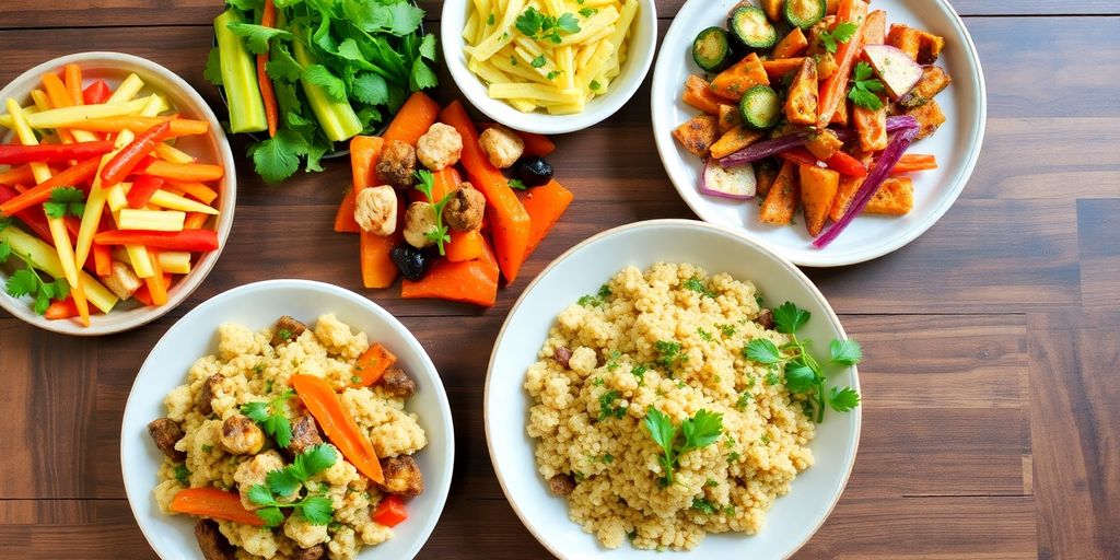 Healthy dinner dishes on a wooden table, vibrant and colorful.