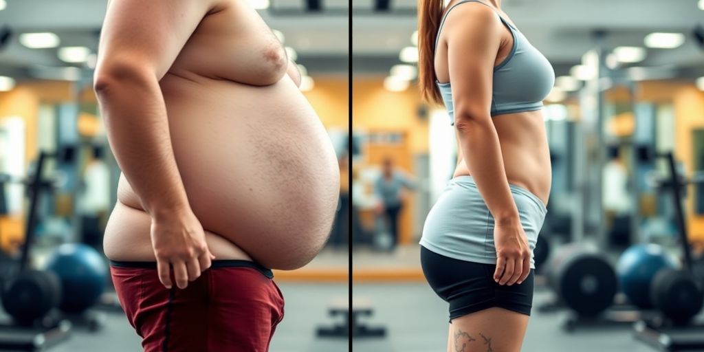 Before and after weight loss transformation photo.