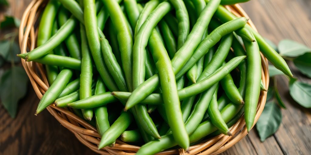 Fresh green beans in a basket on a wooden table.