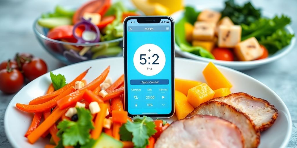Healthy meals with a smartphone showing a calorie counter.