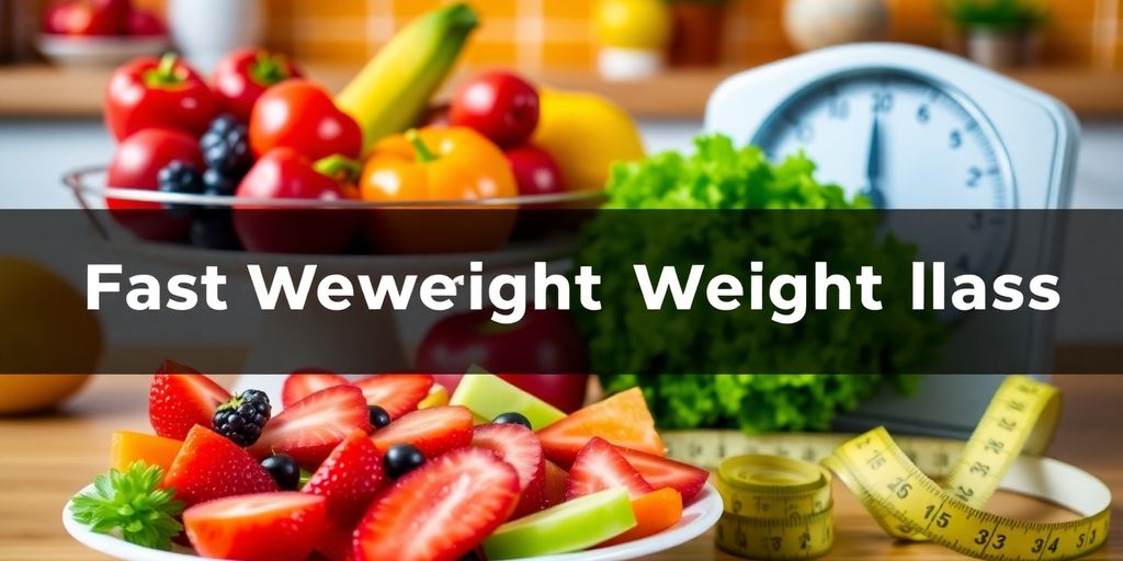 Fresh fruits, vegetables, scale, and measuring tape on kitchen table.