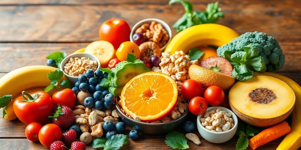 Healthy snacks including fruits and nuts on a table.