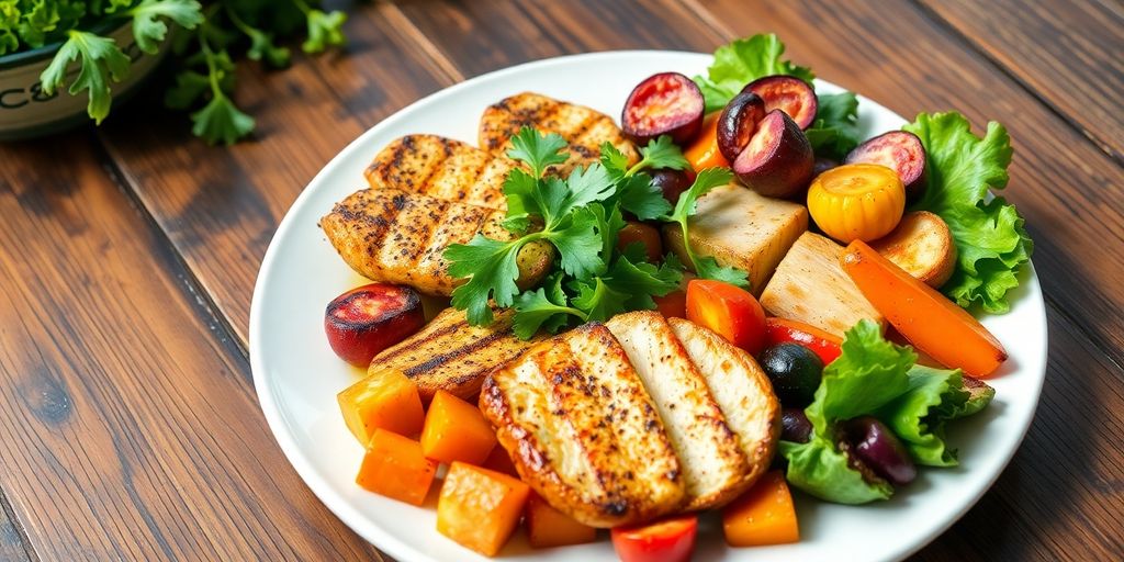 Colorful healthy dinner plate with grilled chicken and vegetables.