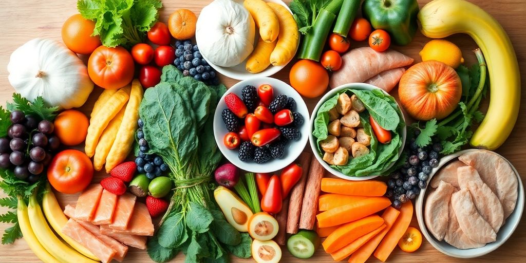 Healthy foods arranged on a table for weight loss diet.