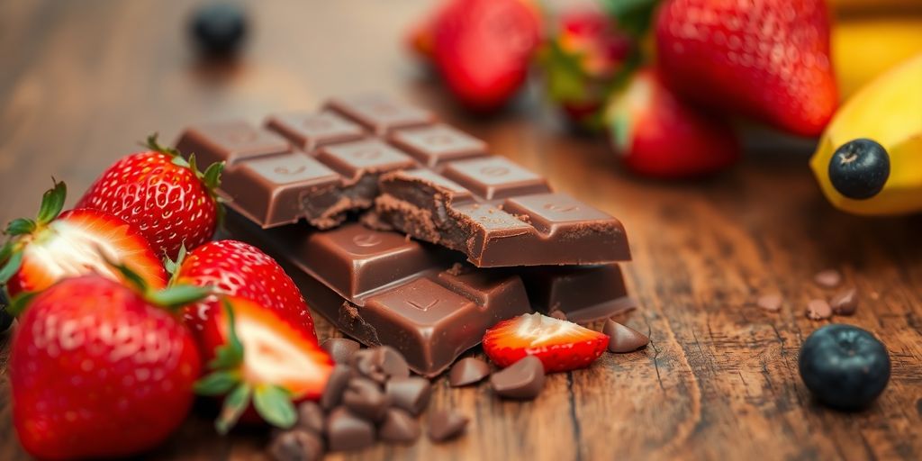 Close-up of broken chocolate bar with fresh fruits.