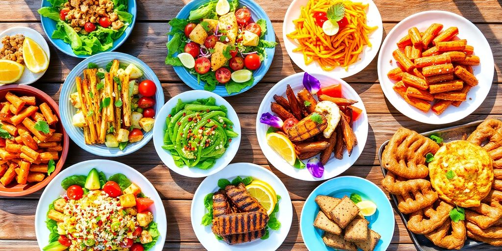 Colorful summer meals on a wooden table in sunlight.