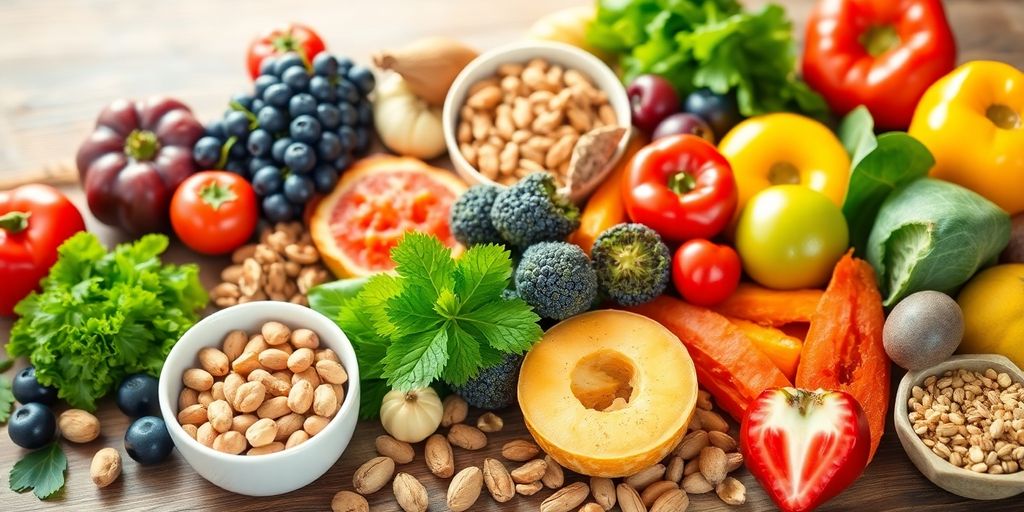 Colorful healthy foods for women's hormone balance diet.