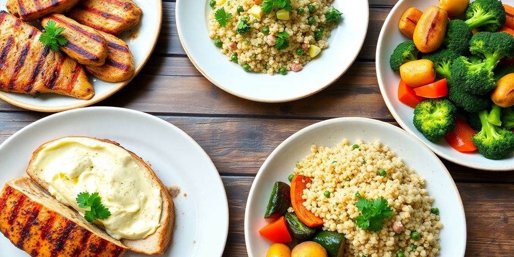 Colorful healthy dinner dishes on a rustic wooden table.