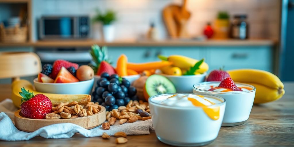 Variety of healthy snacks on a wooden table.