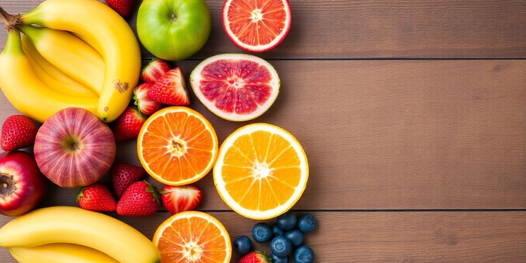 Fresh fruits and healthy snacks on a wooden table.