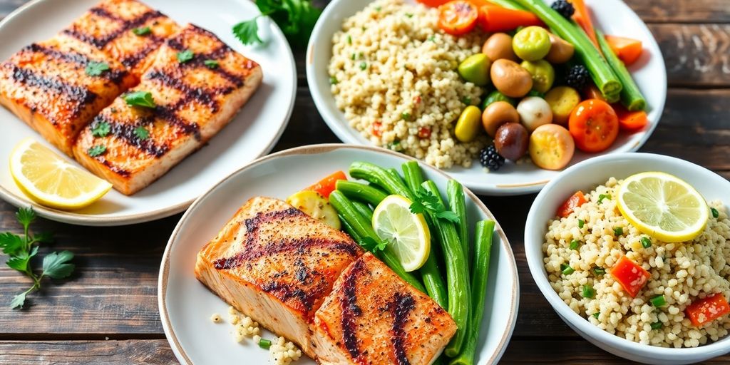 Colorful heart-healthy dinner options on a wooden table.