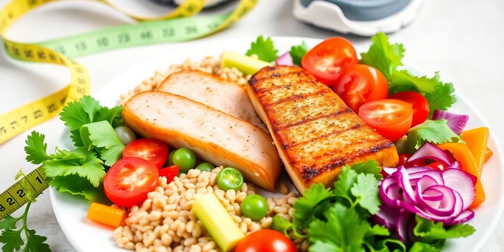 Healthy meal with vegetables and lean protein on plate.