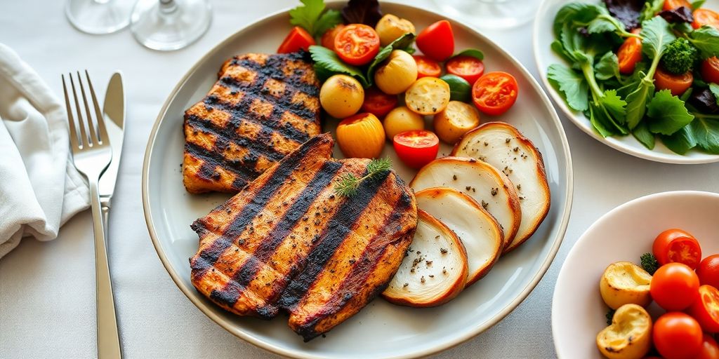 Colorful low carb dinner with grilled chicken and vegetables.