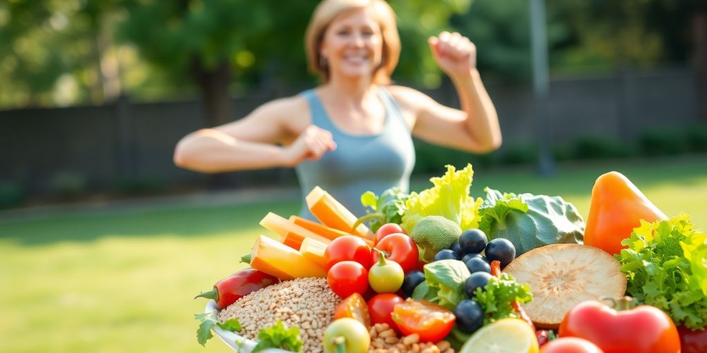 Healthy diet for middle-aged woman with vibrant foods.