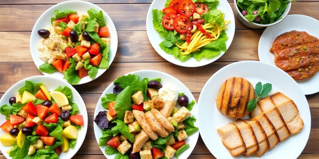 Vibrant healthy meals on a wooden table for weight loss.