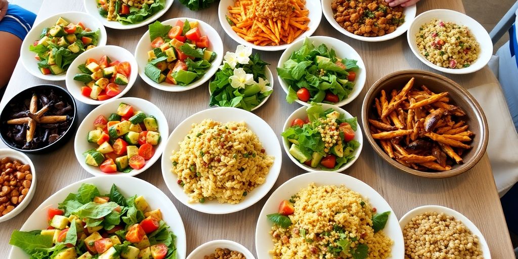 Colorful healthy meals on a table for a crowd.