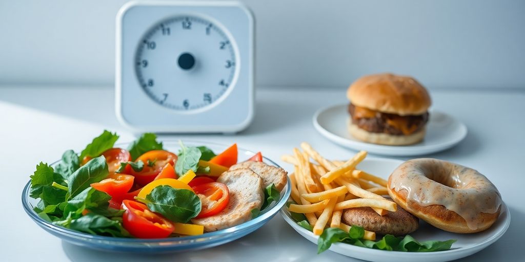 Unhealthy and healthy foods with a weight scale.