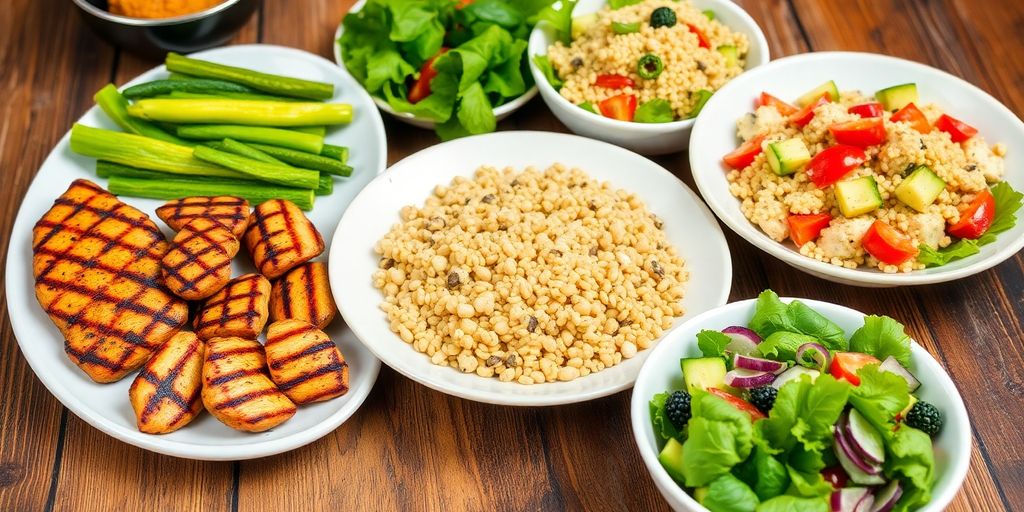 A colorful spread of healthy low calorie dinner options.