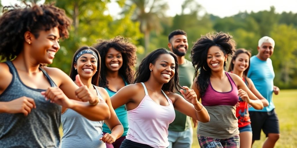 Diverse group exercising outdoors, promoting weight loss support.