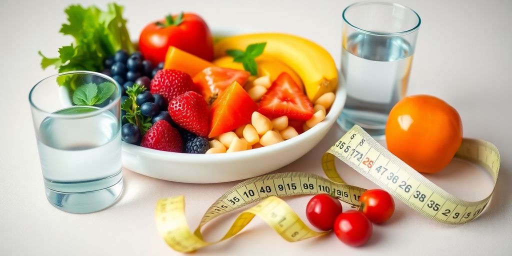 Fresh fruits and vegetables on a plate with water.