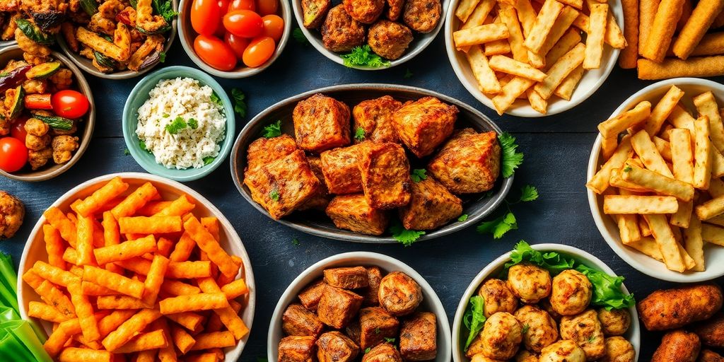 Colorful air-fried dishes arranged on a vibrant table.