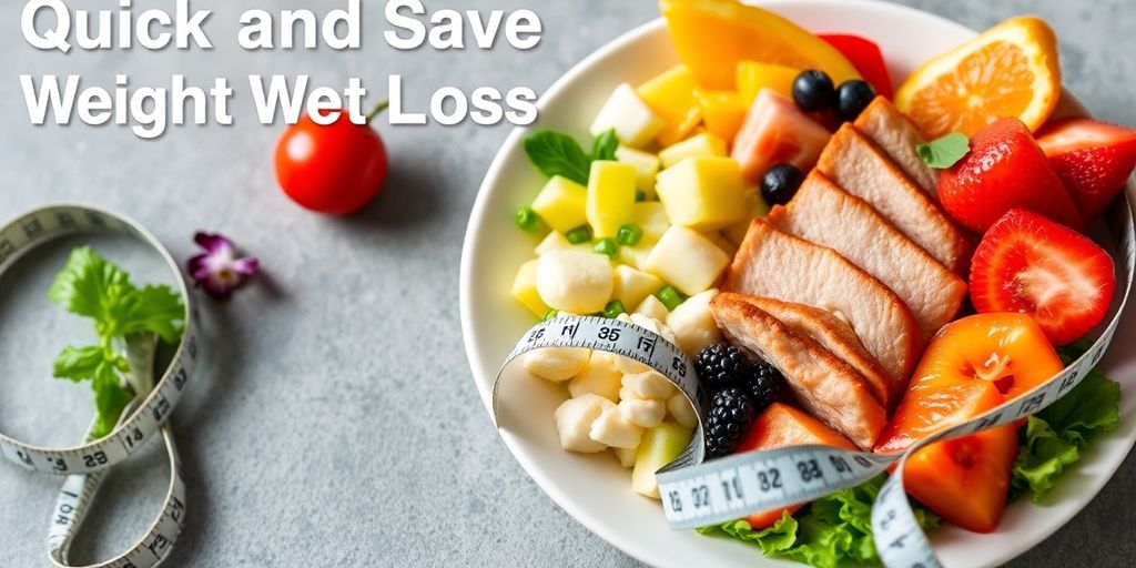 Healthy foods and a tape measure for weight loss strategies.