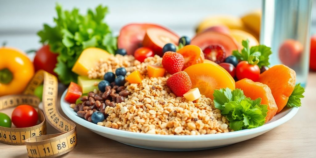 Colorful healthy foods on a plate with a measuring tape.