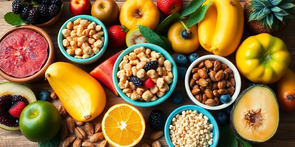 Fresh fruits and nuts on a wooden table.