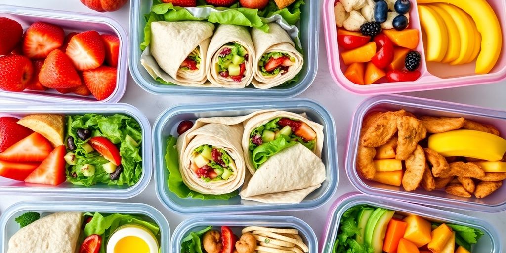 Healthy packed lunches in colorful containers on a table.