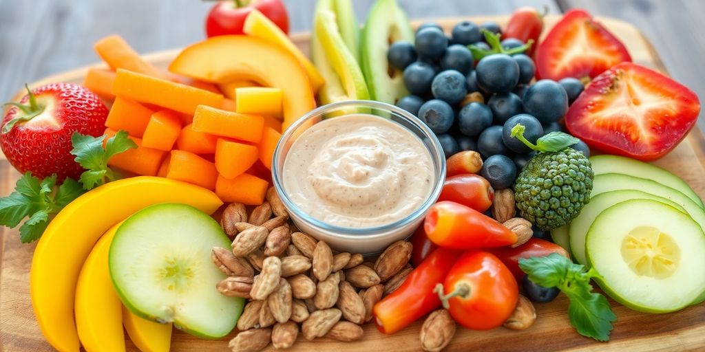 Healthy snacks arranged on a rustic wooden board.