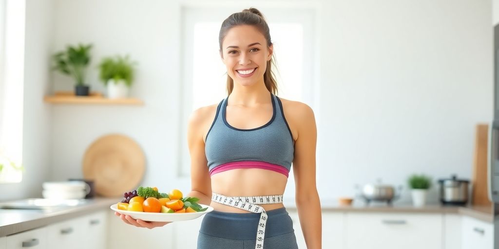 Woman smiling, holding healthy food, with measuring tape.