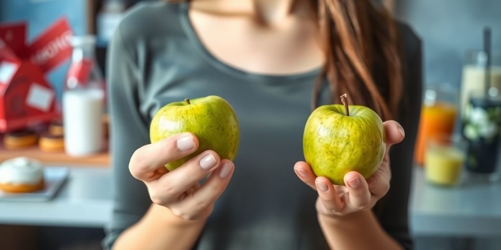 Person holding healthy snacks, resisting unhealthy food.