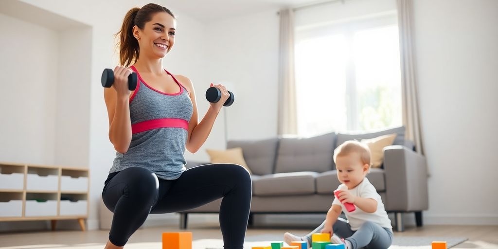Woman exercising at home with weights and a child